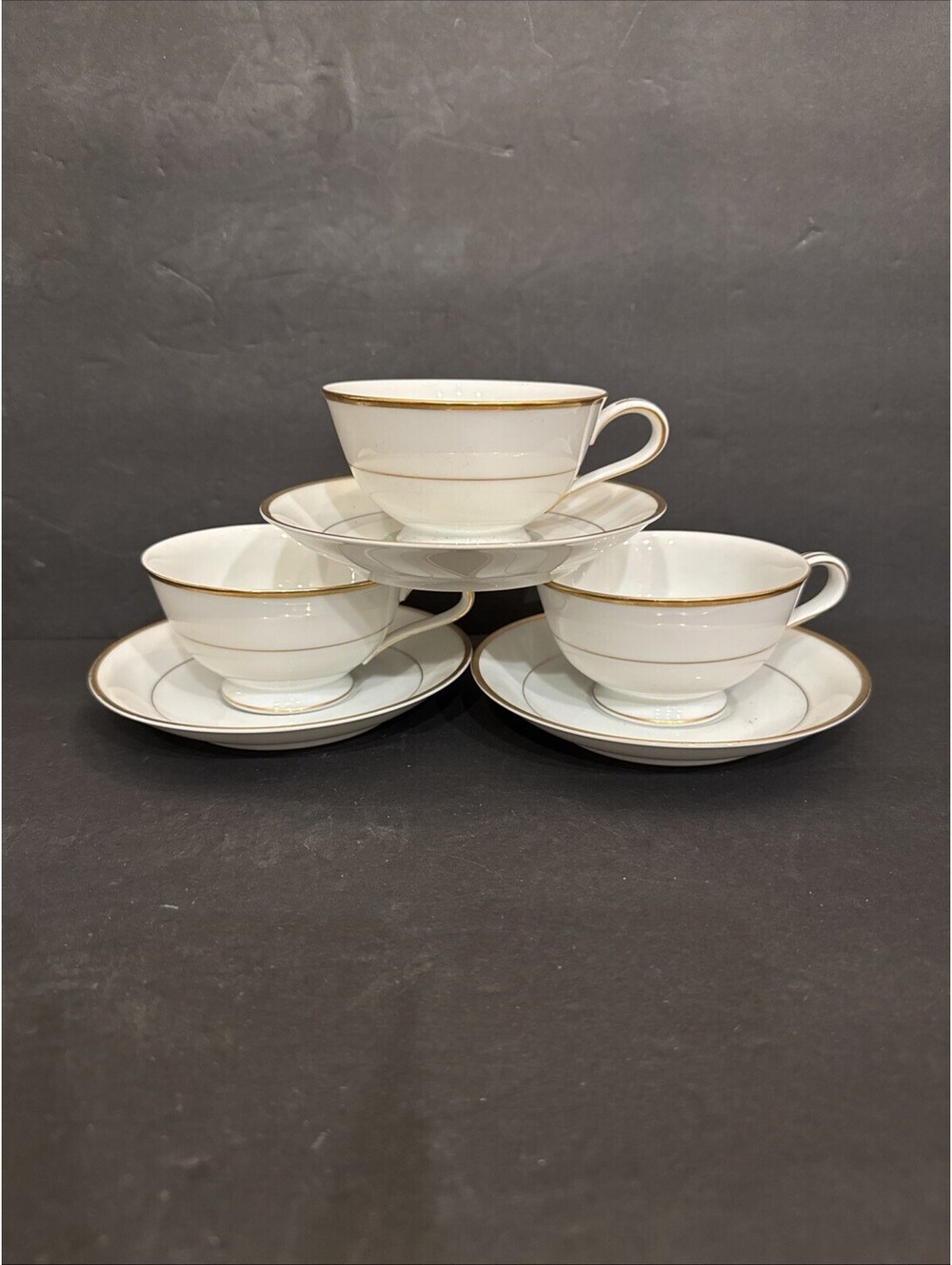 Noritake Guilford (3) Footed Cup and Saucer Set White Gold Trim 5291